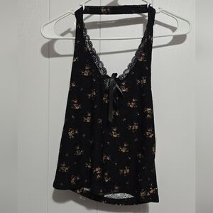 Floral Lace Trim Black Top